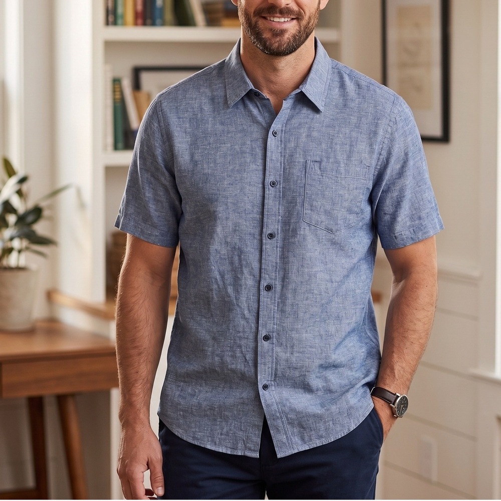 14th & Union Linen Blend Chambray Button Down Shirt Mens 2XL Short Sleeve Blue